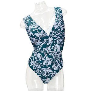 EUC Floral Green/White One-Piece Swimsuit - Women's Size XL - Kona Sol Swimwear